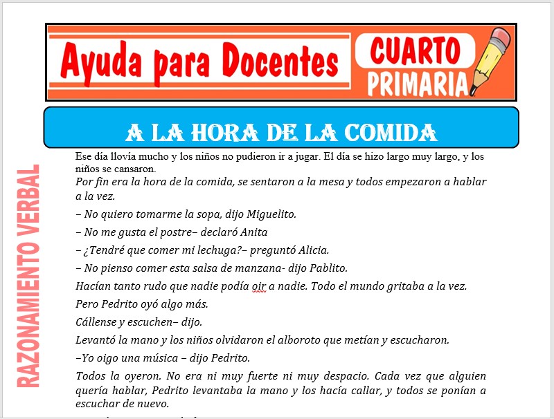 Modelo de la Ficha de A la Hora de la Comida para Cuarto de Primaria