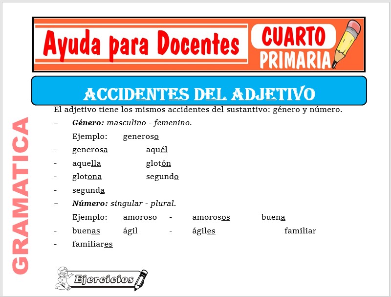 Modelo de la Ficha de Accidentes del Adjetivo para Cuarto de Primaria