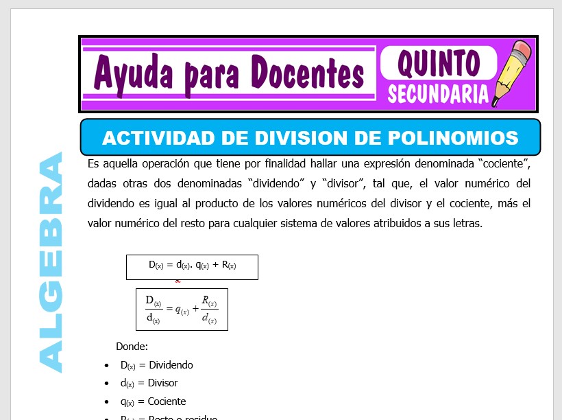 Modelo de la Ficha de Actividades de División de Polinomios para Quinto de Secundaria