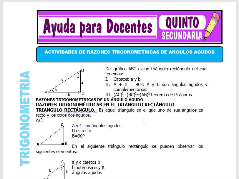 Modelo de la Ficha de Actividades Trigonométricas para Quinto de Secundaria