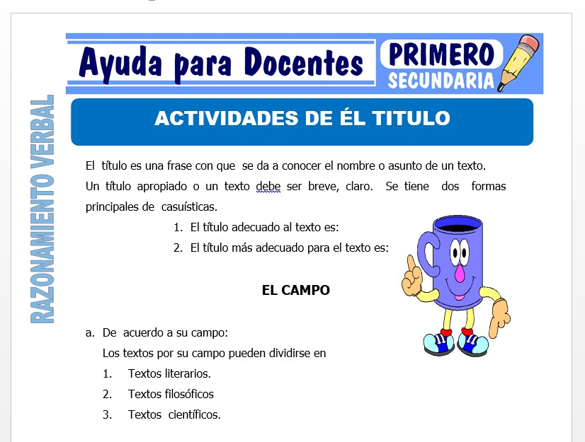 Modelo de la Ficha de Actividades de él Titulo para Primero de Secundaria