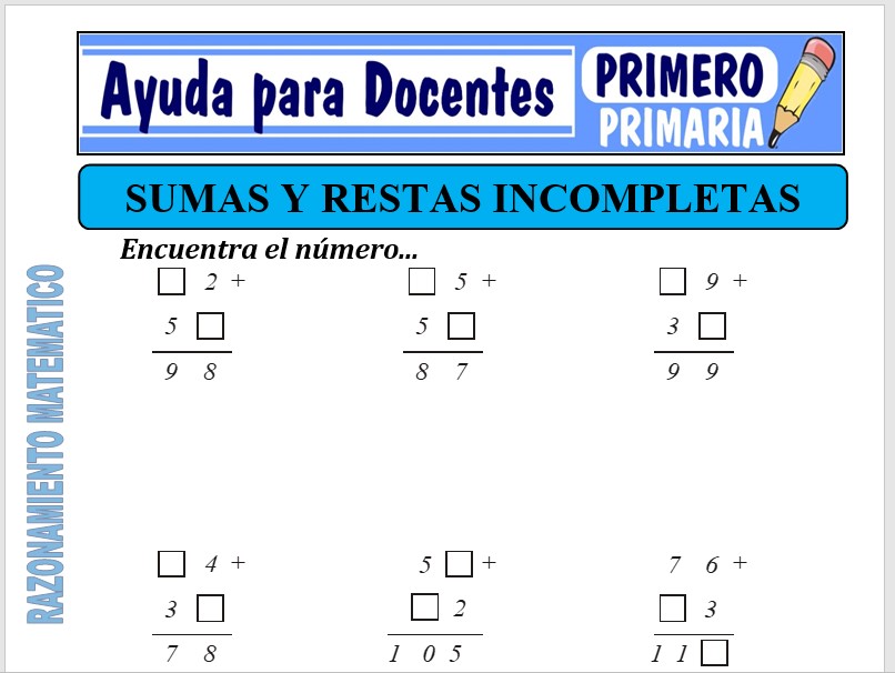 Modelo de la Ficha de Adición y Sustracción incompletas para Primero de Primaria