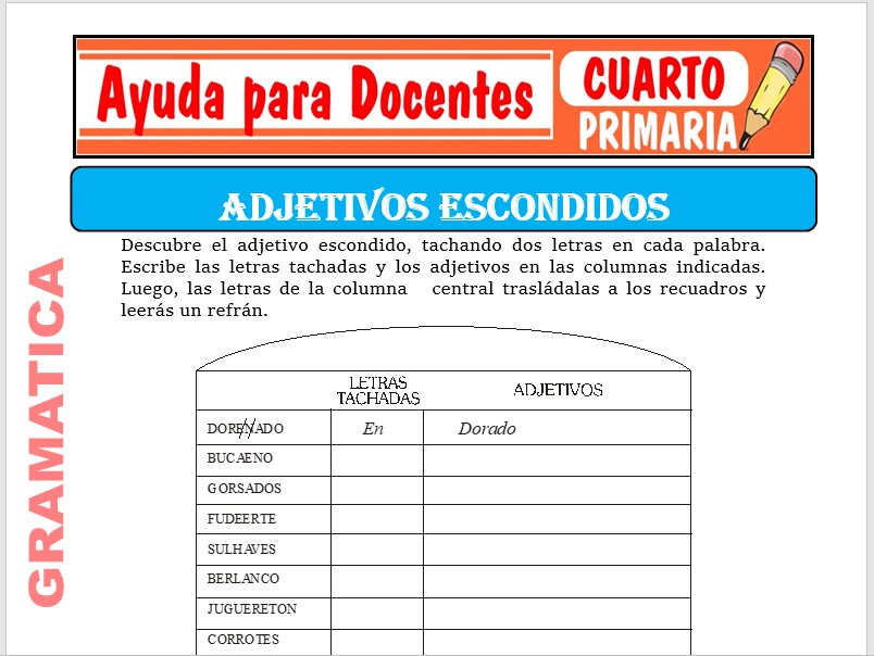 Modelo de la Ficha de Adjetivos Escondidos para Cuarto de Primaria