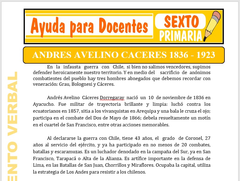 Modelo de la Ficha de Andrés Avelino Cáceres para Sexto de Primaria