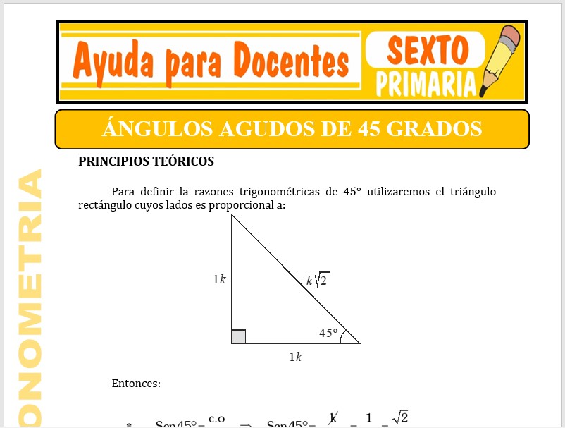 Modelo de la Ficha de Ángulos de 45 grados para Sexto de Primaria