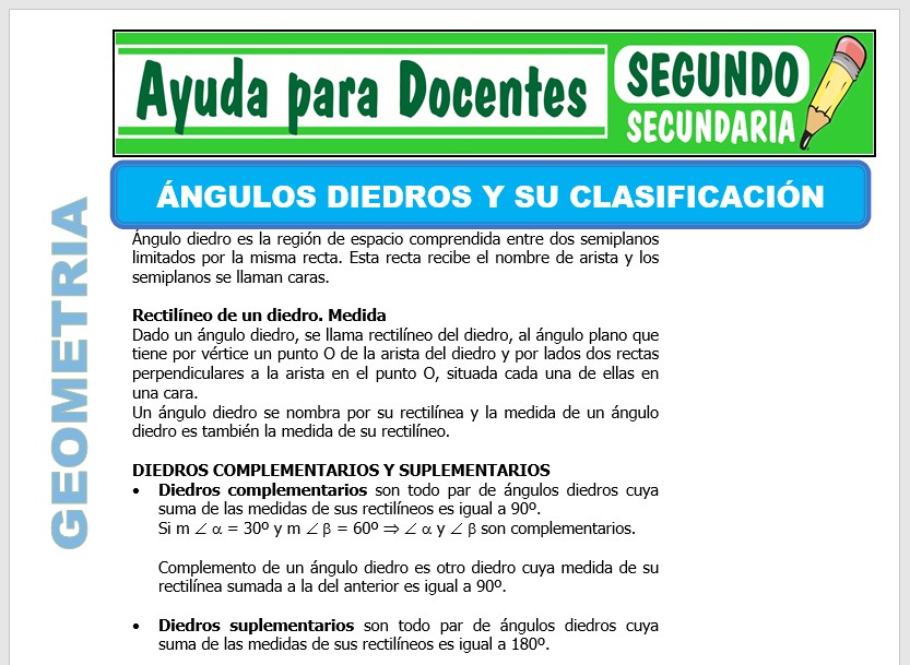 Modelo de la Ficha de Ángulos Diedros y su Clasificación para Segundo de Secundaria