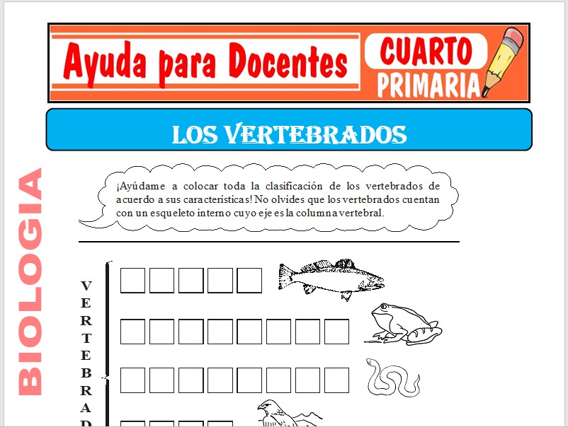 Modelo de la Ficha de Animales Vertebrados para Cuarto de Primaria