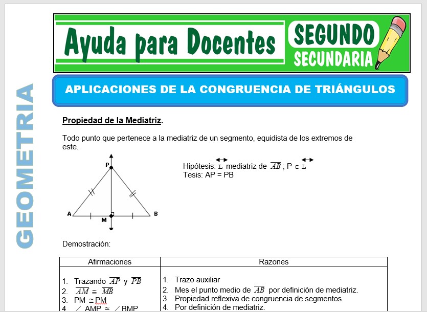 Modelo de la Ficha de Aplicaciones de Congruencia de Triángulos para Segundo de Secundaria
