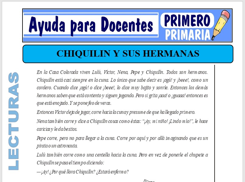 Modelo de la Ficha de Chiquilín y sus hermanas para Primero de Primaria