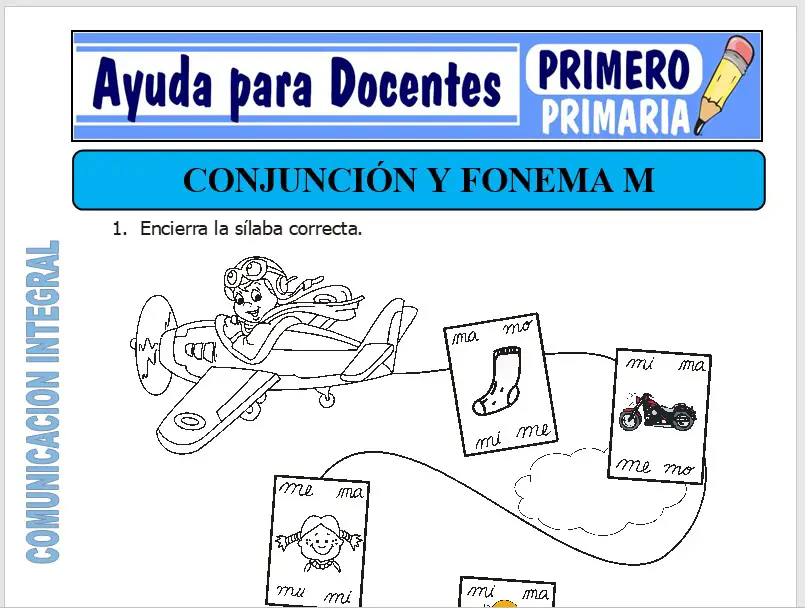 Modelo de la Ficha de Conjunción y Fonema M para Primero de Primaria