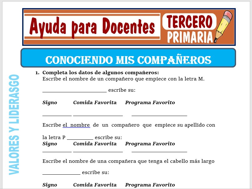 Modelo de la Ficha de Conviviendo Mejor con mis Compañeros para Tercero de Primaria