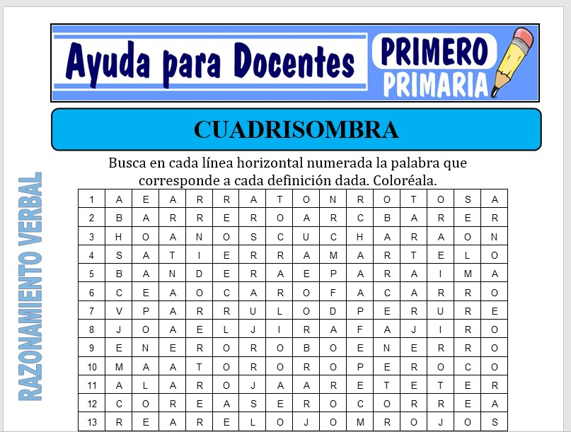 Modelo de la Ficha de Cuadrisombra para Primero de Primaria