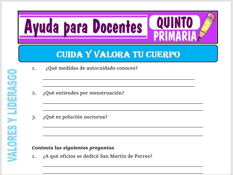 Modelo de la Ficha de Cuida y Valora tu Cuerpo para Quinto de Primaria
