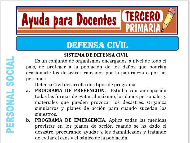 Modelo de la Ficha de Defensa Civil para Tercero de Primaria