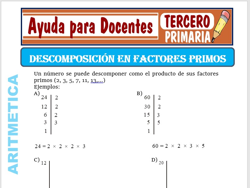 Modelo de la Ficha de Descomposición de Números Primos para Tercero de Primaria