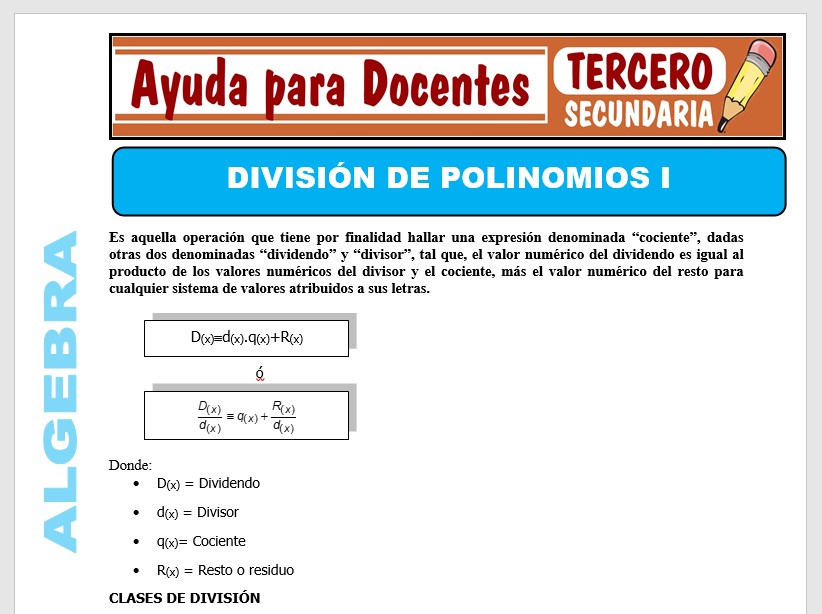 Modelo de la Ficha de División de Polinomios I para Tercero de Secundaria