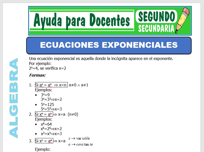 Modelo de la Ficha de Ecuaciones Exponenciales para Segundo de Secundaria