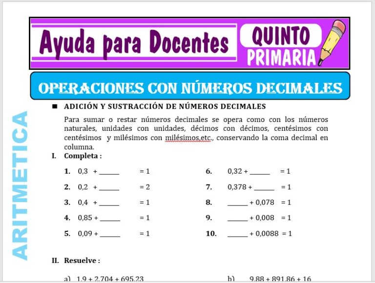 Ejercicios con Números Decimales para Quinto de Primaria – Ayuda para