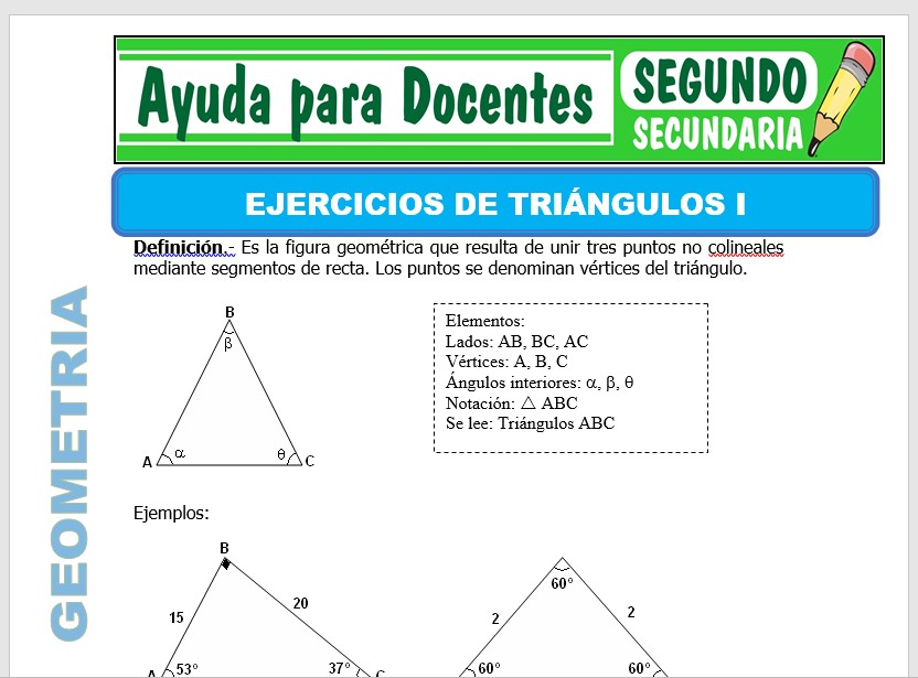 Modelo de la Ficha de Ejercicios de Triángulos I para Segundo de Secundaria