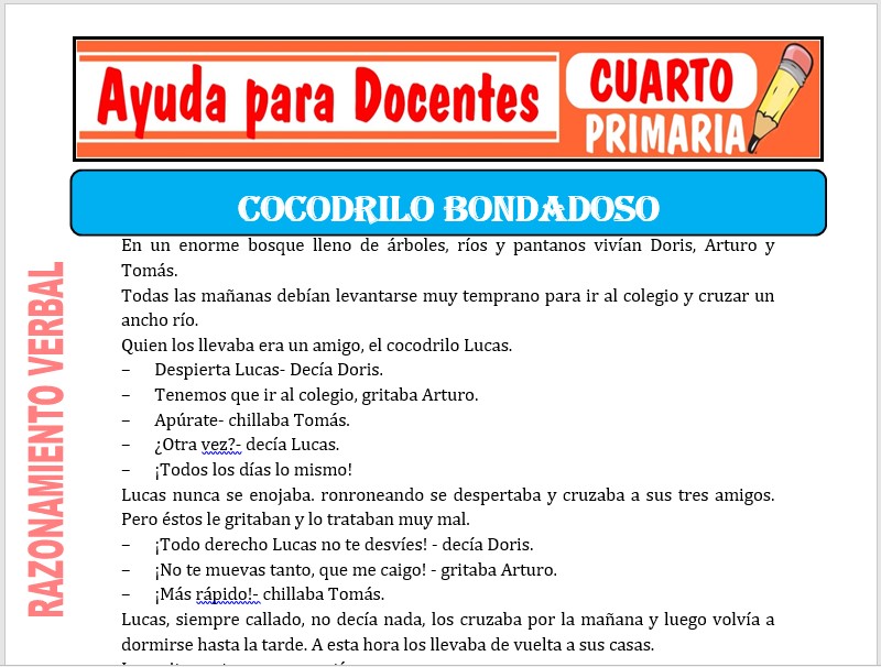 Modelo de la Ficha de El Cocodrilo Bondadoso para Cuarto de Primaria