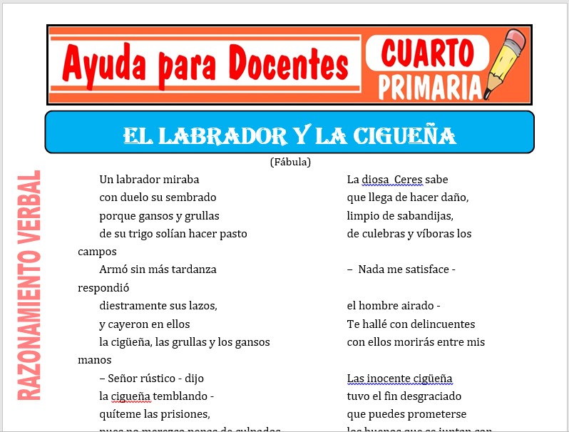 Modelo de la Ficha de El Labrador y la Cigüeña para Cuarto de Primaria