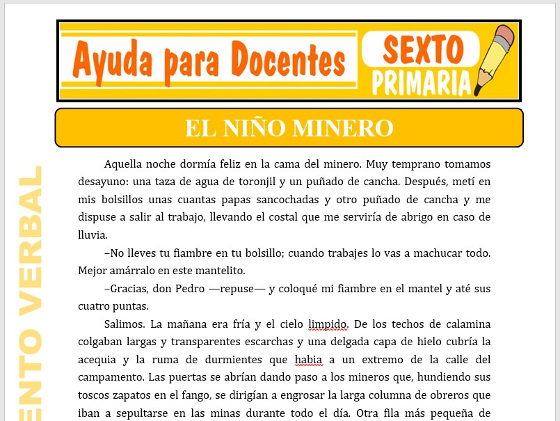 Modelo de la Ficha de El Niño Minero para Sexto de Primaria