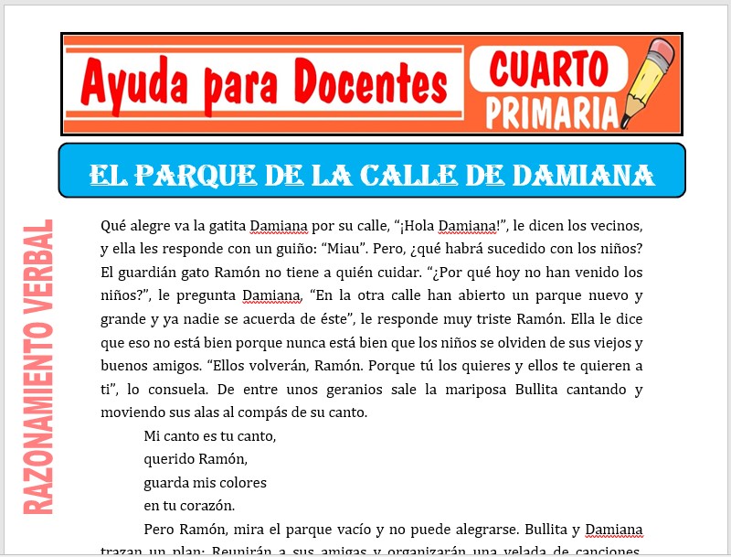 Modelo de la Ficha de El Parque de la Calle de Damiana para Cuarto de Primaria