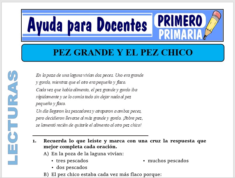 Modelo de la Ficha de El Pez Grande y el Pez Pequeño para Primero de Primaria