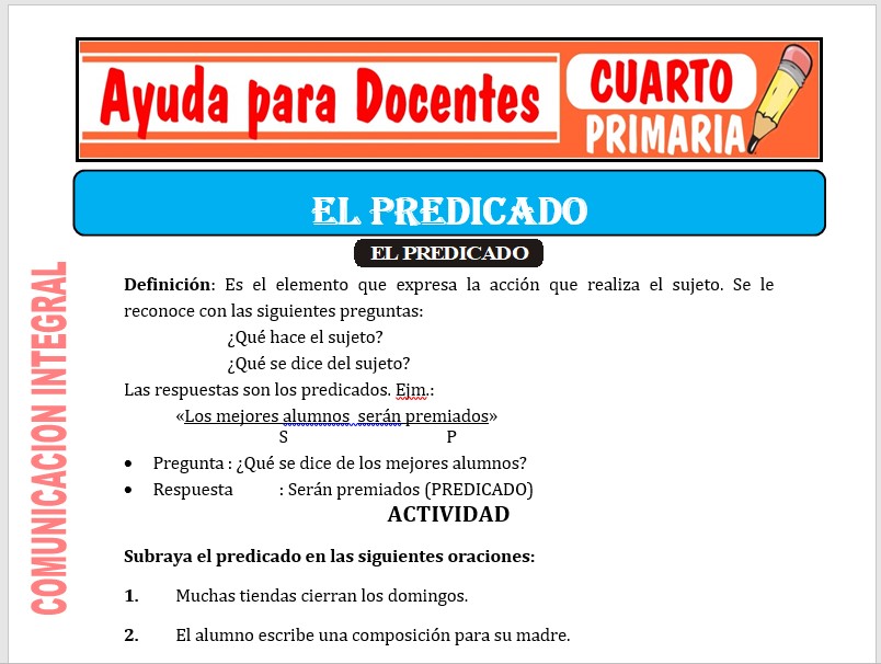 Modelo de la Ficha de El Predicado para Cuarto de Primaria