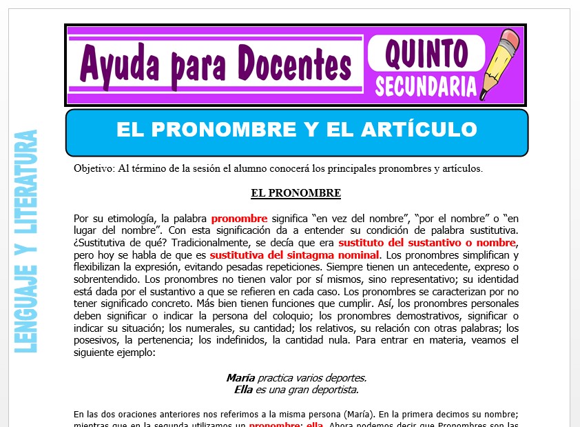 Modelo de la Ficha de El Pronombre y el Artículo para Quinto de Secundaria