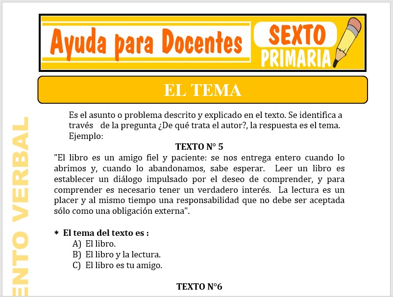Modelo de la Ficha de El Tema para Sexto de Primaria