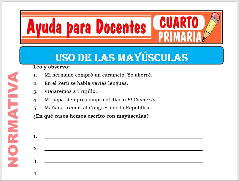 Modelo de la Ficha de Uso de las Mayúsculas para Cuarto de Primaria