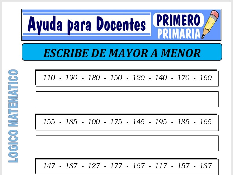 Modelo de la Ficha de Escribe de Mayor a Menor para Primero de Primaria