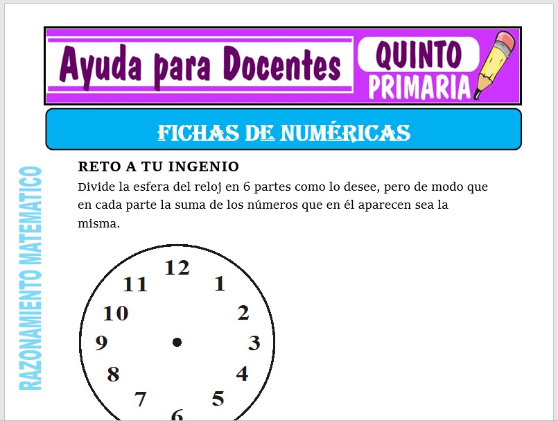 Modelo de la Ficha de Las Fichas Numéricas para Quinto de Primaria
