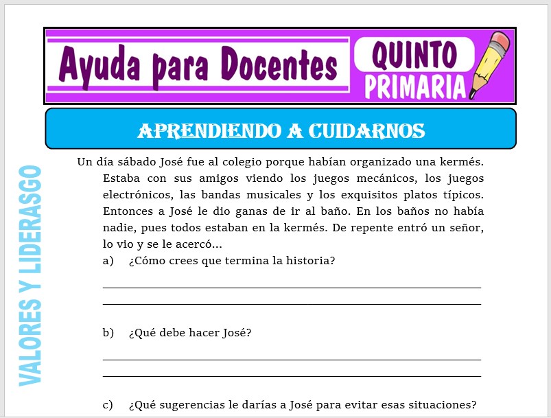Modelo de la Ficha de Aprendiendo a cuidarnos para Quinto de Primaria
