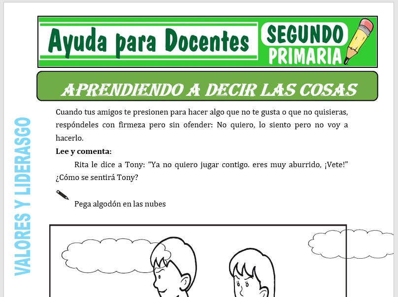 Modelo de la Ficha de Fichas de Aprendiendo a Decir las Cosas para Segundo de Primaria