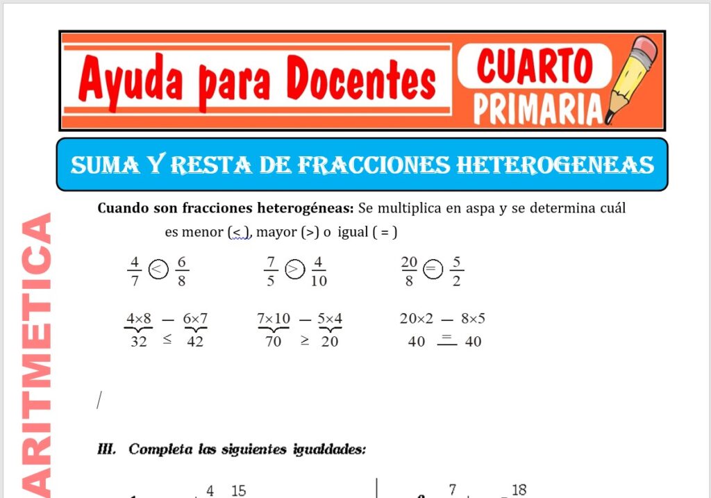 Modelo de la Ficha de Suma y resta de Fracciones Heterogéneas para Cuarto de Primaria