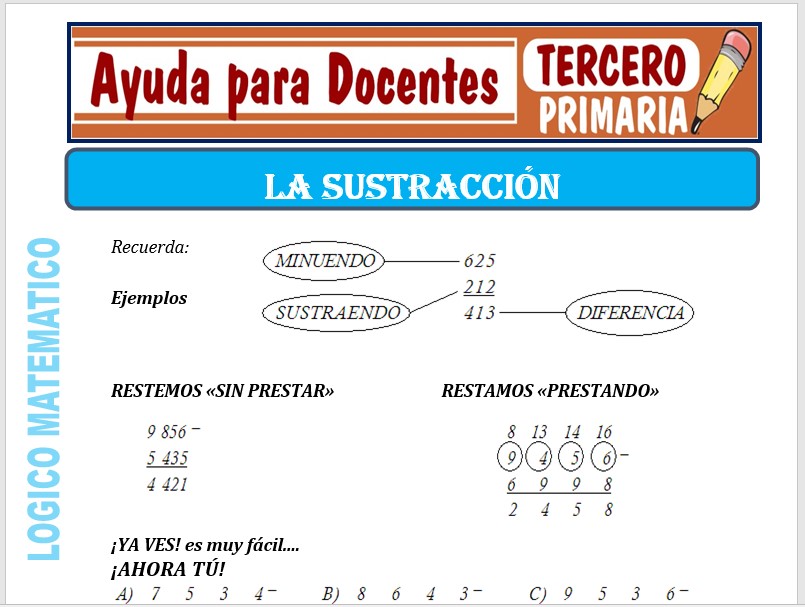 Fichas de la Sustracción para Tercero de Primaria – Ayuda para Docentes