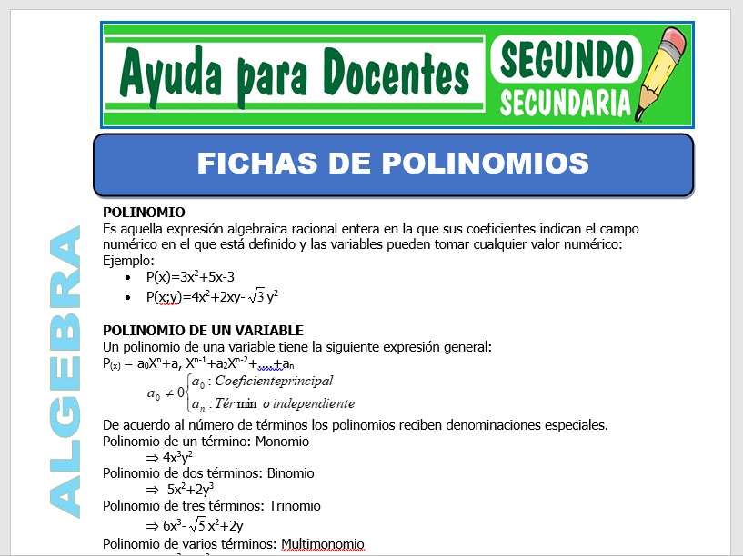 Modelo de la Ficha de Fichas de Polinomios para Segundo de Secundaria