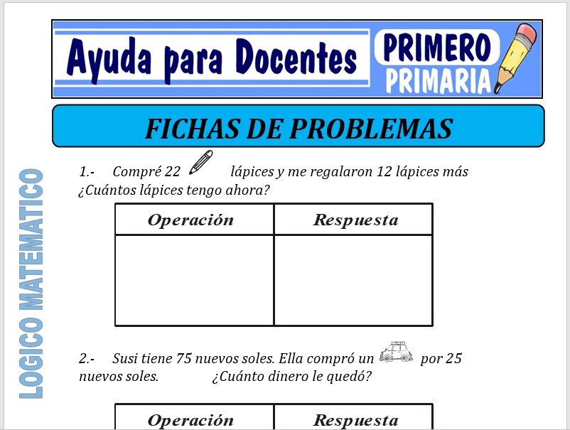 Modelo de la Ficha de Fichas de Problemas para Primero de Primaria