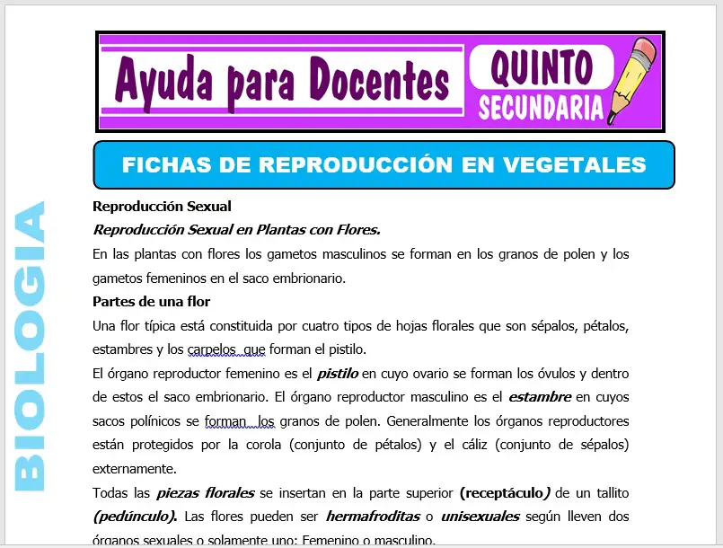 Modelo de la Ficha de Separatas de Reproducción en Vegetales para Quinto de Secundaria