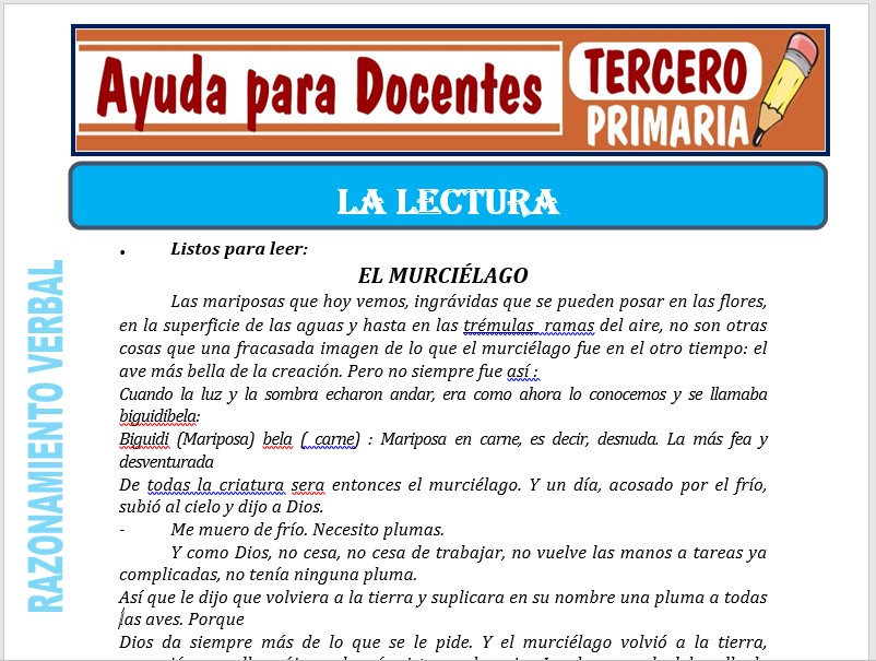 Modelo de la Ficha de la Lectura para Tercero de Primaria