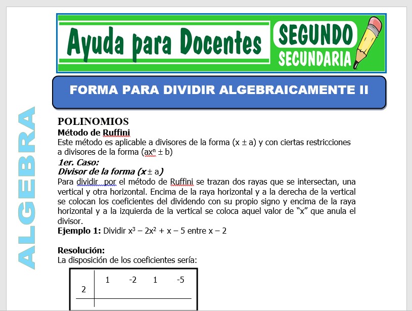 Modelo de la Ficha de Forma para Dividir Algebraicamente II para Segundo de Secundaria