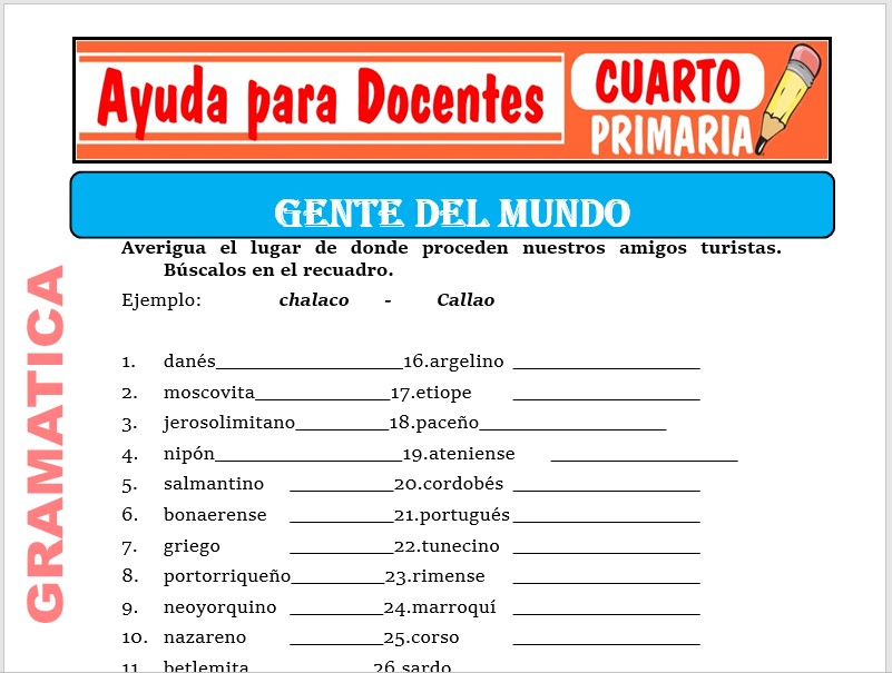 Modelo de la Ficha de Gente del Mundo para Cuarto de Primaria