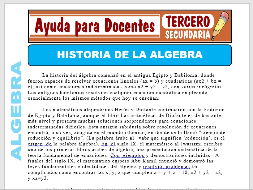Modelo de la Ficha de Historia de la Algebra para Tercero de Secundaria