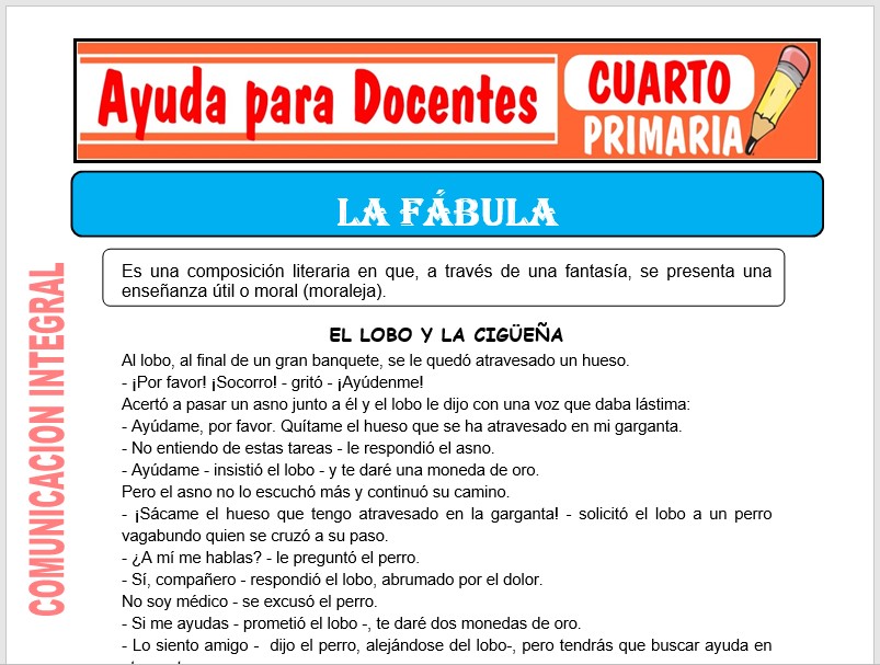 Modelo de la Ficha de La Fábula para Cuarto de Primaria