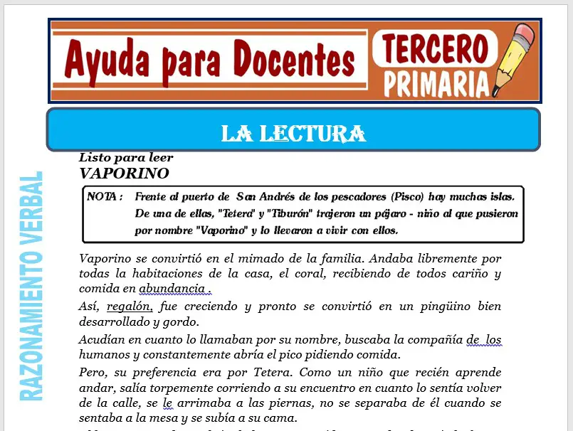 Modelo de la Ficha de La Lectura para Tercero de Primaria