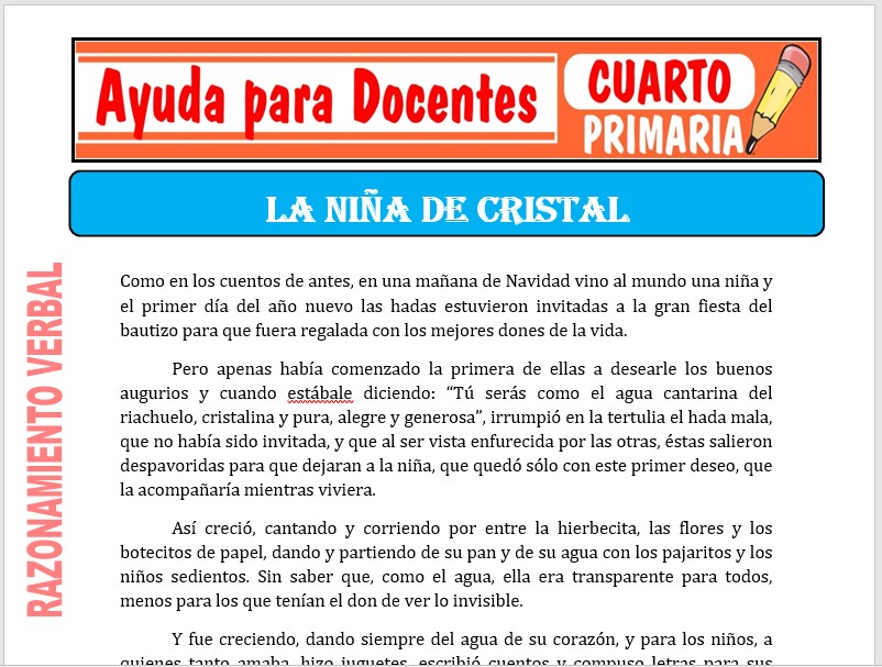 Modelo de la Ficha de La Niña de Cristal para Cuarto de Primaria