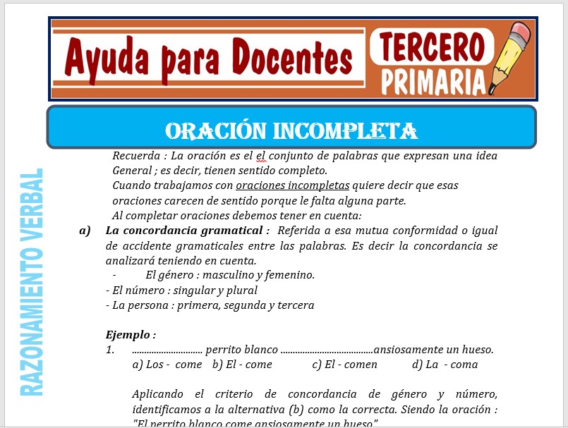 Modelo de la Ficha de La Oración Incompleta para Tercero de Primaria