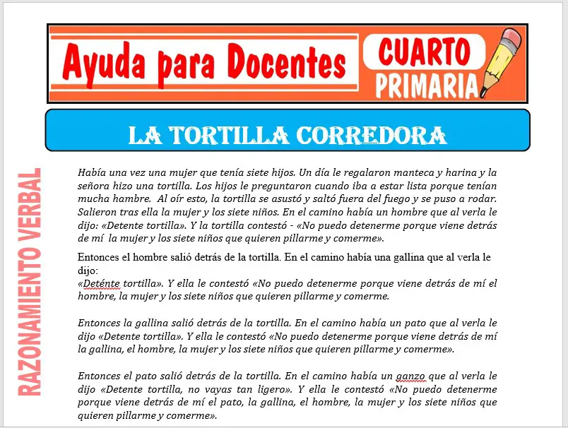 Modelo de la Ficha de La Tortilla Corredora para Cuarto de Primaria